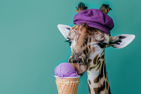 giraffe eating ice cream, pink ice cream, giraffe in cap, giraffe on turquoise background, ice cream