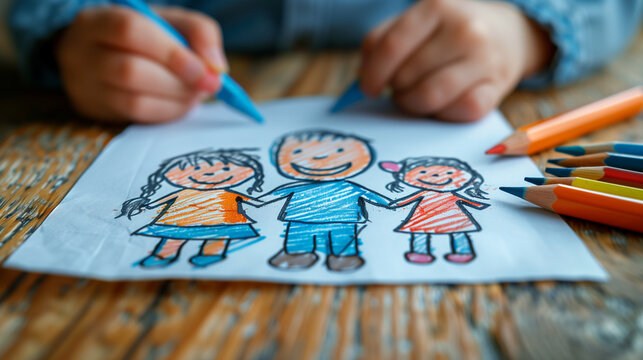 child drawing on white paper, with colored pencils, Ai generated Images