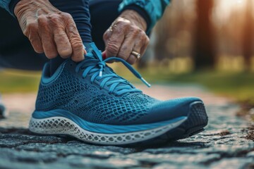 Close-up shot of a runner tying their shoelaces. ai generated - obrazy, fototapety, plakaty