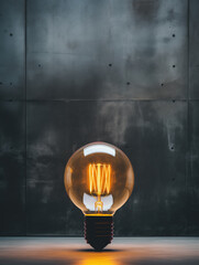 Tungsten light bulb on black concrete background. Warm glow of a vintage style light bulb on grungy dark background. Industrial style interior design. Copy space.