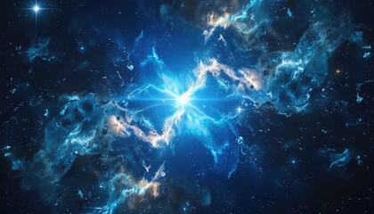 A blue and white star with a bright light in the middle by AI generated image - obrazy, fototapety, plakaty