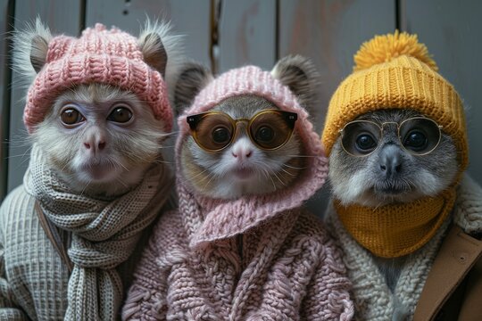 Humorous image of three monkeys wearing stylish winter clothing and glasses, posing before a wooden backdrop