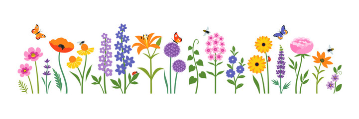 Vector set of summer garden flowers and insects isolated on white background. Cottage backyard garden flower landscape illustration in flat style.