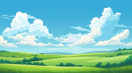 Poster A vibrant cartoon landscape with fluffy clouds over green rolling hills, resembling a tranquil paradise. © Enigma