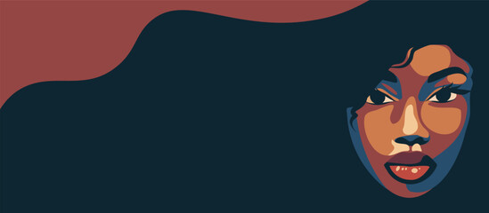 Vector portrait space for text black African American woman with hair all over the background. Femininity, independence. Feminism, gender equality, empowerment concept