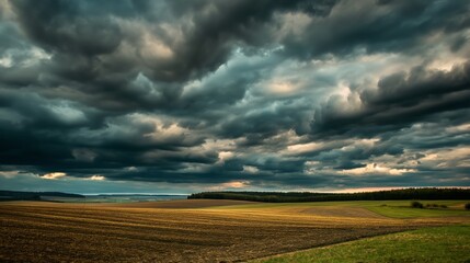 Ominous clouds over farmland, a dramatic and moody agricultural scene.