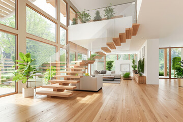 Living room with wooden staircase, large windows, and contemporary furnishings. Interior of modern apartment - Powered by Adobe