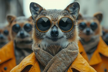 Naklejka premium A charming picture of a lemur sporting oversized retro sunglasses, merging an exotic creature with a splash of human-like fun