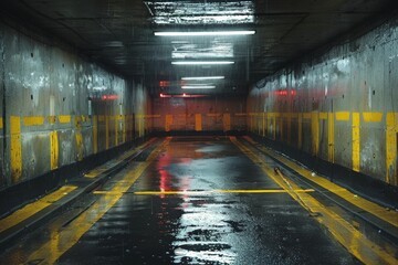 A wet and dimly lit parking tunnel with reflective surfaces and contrasting yellow paint, evoking a...