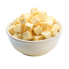 Cheese cubes in a bowl isolated on transparent background