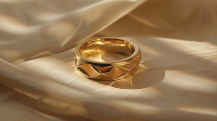 Elegant golden ring design on a soft backdrop. A luxurious and intricately designed 18K golden with 316L Stainless steel ring stands out against a creamy, soft background, bathed in gentle light