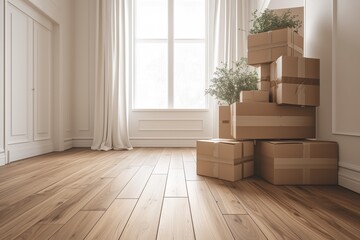 new home owners concept with cardboard boxes arriving into new apartment
