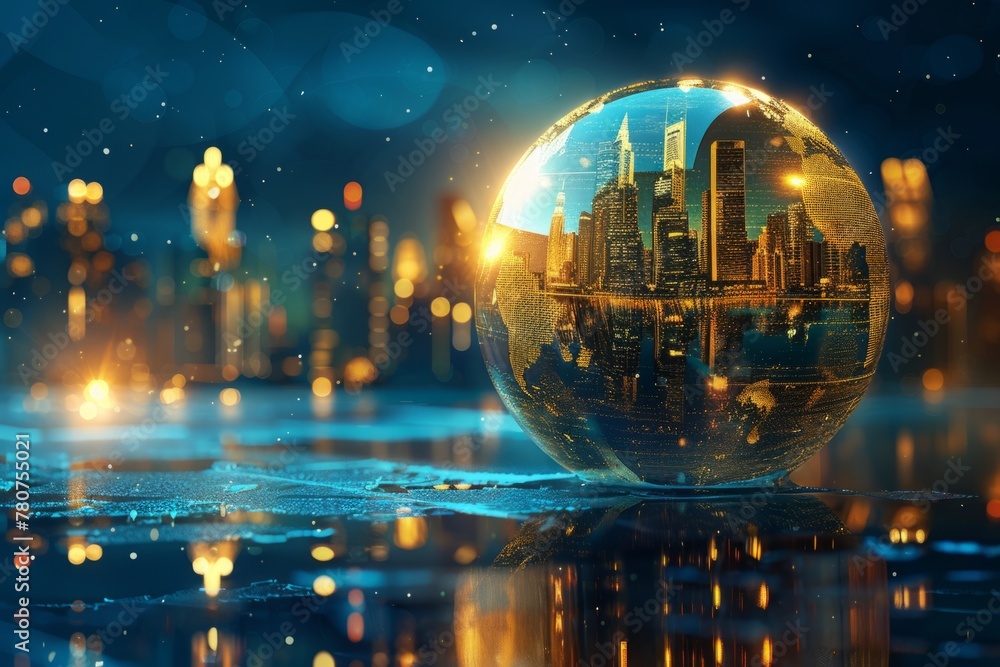 Poster abstract vector world globe with a cityscape inside, using blue and gold colors, with a technology b