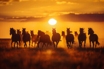 Horses silhouettes galloping across field at sunset. Herd of wild horses