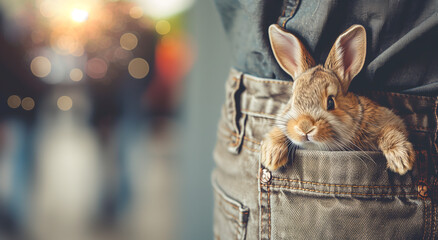 Cute bunny peeking out of denim jeans pocket, on blurry background with festive bokeh lights. Easter theme. Funny baby rabbit in the pocket of its owner's pants.