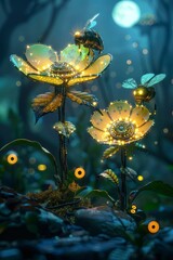 Enchanted Glowing Flowers and Bee
