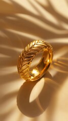 Elegant golden ring design on a soft backdrop. A luxurious and intricately designed 18K golden with 316L Stainless steel ring stands out against a creamy, soft background, bathed in gentle light