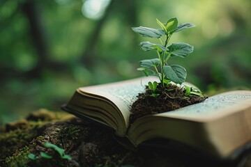 Growth in knowledge, A plant growing out of an open book, symbolizing growth in knowledge, AI generated