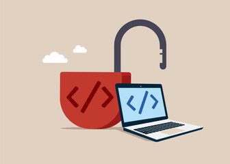 Open source programming, digital products include permission to use the programming source code. Flat vector illustration