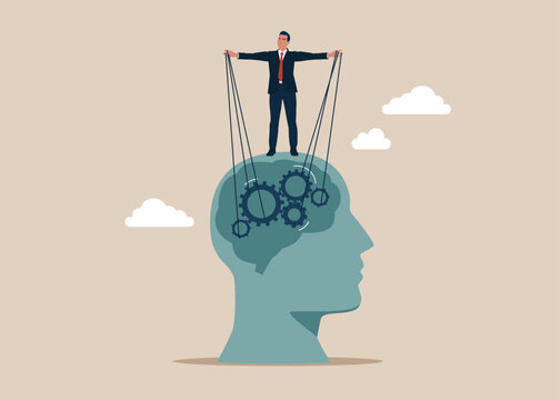 Effort and time to make money. Manipulate man mind, mental control ropes. Flat vector illustration