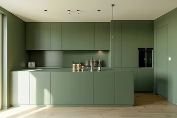 Serene afternoon in a modern, boggy green kitchen with minimalist design