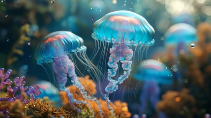Underwater Jellyfish Life: A vibrant scene of jellyfish in an aquarium and the sea, surrounded by coral reefs and deep blue waters