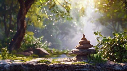 balanced stack of flat rocks in middle of lush green natural forest scene