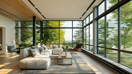 Modern living room with office and hotel interior elements, featuring empty space, wooden furniture, and plenty of natural light