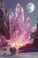 Explorers in Crystal Terrain under a Lunar Sky