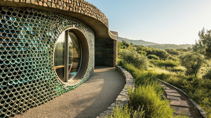 A circular arched brick house decorated with green tiles sits on a ridge with a train track in front - Powered by Adobe