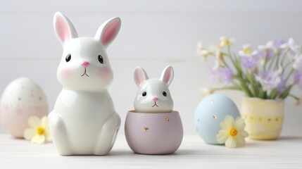 porcelain Easter bunny and two Easter eggs next to it. Pastel shades. Several spring flowers. ai generated