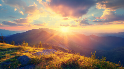 Sunset rays over a mountainous terrain with green foliage and rocky outcrops. - obrazy, fototapety, plakaty