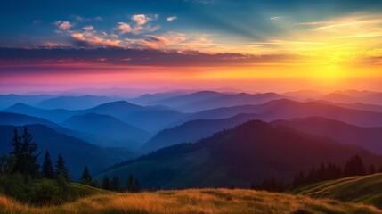 Sun casting a warm glow on mountains with a colorful sky at twilight.