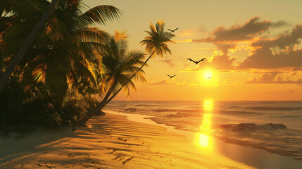 Beach Sunset Scene with Silhouetted Coconut Tree - Digital Illustration