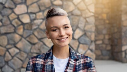 Happy woman with shaved head wearing plaid jacket standing in front of wall