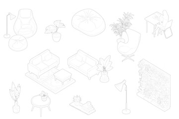Axonometric furniture set, vector