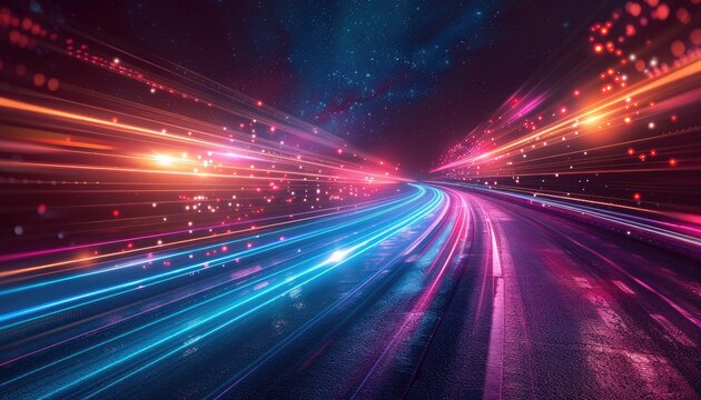 A colorful, abstract image of a tunnel with bright lights and a red by AI generated image