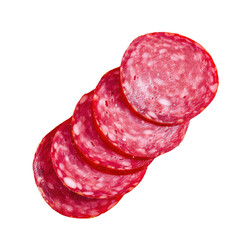 Three slices of soppressata sausage stacked on transparent background