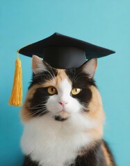 luffy funny cat wearing a graduate regalia black hat on blue background with copy space 