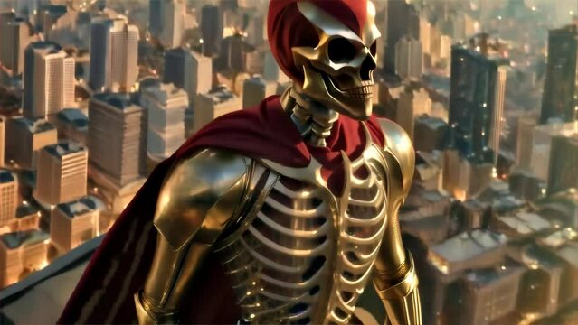 A digital artwork depicting a skeleton dressed as a superhero, standing atop a skyscraper with a dramatic city skyline in the background.