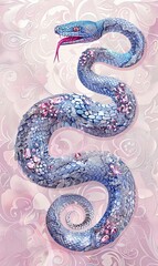 An intricate illustration of a stylized blue serpent with decorative scales