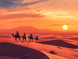 Fototapeta na wymiar camels in the desert, ai