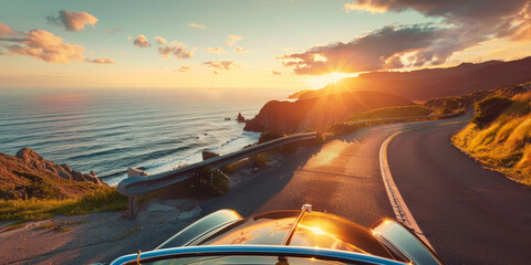 Classic car driving on a coastal road at sunset with ocean view