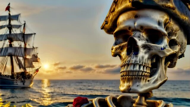A foreboding pirate skull in the foreground overlooks a sailing ship on the horizon at sunset.