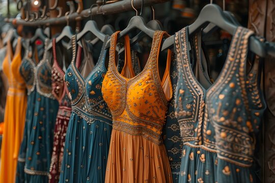 Indian womans fashion dresses displayed on hangers in retail shop market. Concept Indian Fashion, Retail Display, Women's Dresses, Clothing Market, Shopping Experience