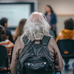 view from behind, a elderly woman with long hair carrying her black backpack in front of some people sitting on chairs watching the whiteboard at school

