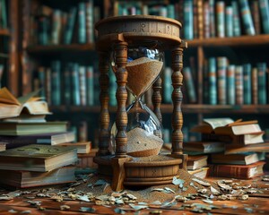 A thoughtprovoking image of a broken hourglass spilling sand onto a pile of books, representing the passage of time and the accumulation of knowledge, 3DCG