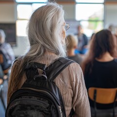 view from behind, a elderly woman with long hair carrying her black backpack in front of some people sitting on chairs watching the whiteboard at school
