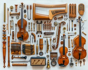 An artistic composition of musical instruments arranged in a harmonious pattern, celebrating the universal language of music, soft lighting