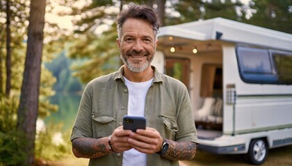 Mature tattooed man standing near rv camper van on vacation using mobile phone. Smiling mature active traveler holding smartphone enjoying free internet in camping tourism nature park - Powered by Adobe